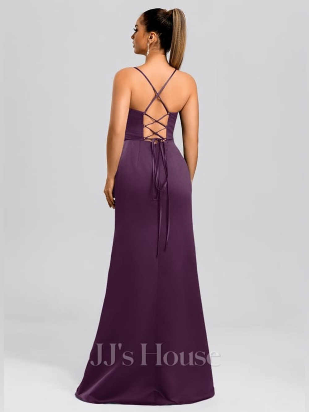 JJ's House Helisa Grape Sheath/Column Cowl Spaghetti Straps Slit Satin Dress - Picture 2 of 9